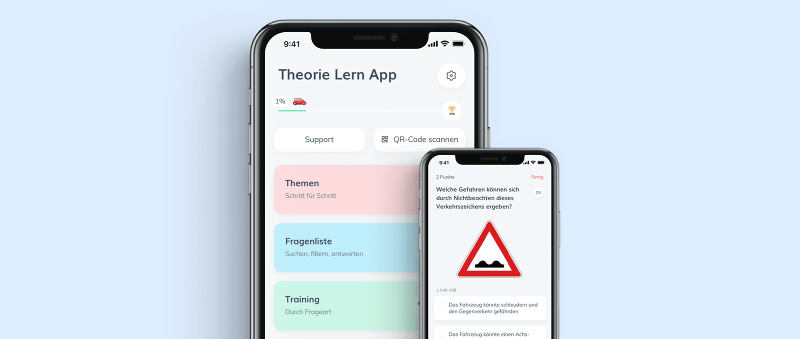 ClickClickDrive Lern-App mit Themenübersicht und Theoriefrage auf zwei Smartphones